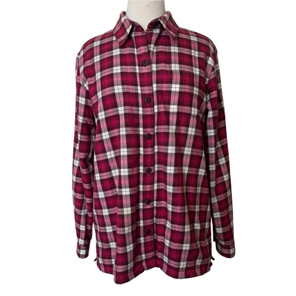 L.L. Bean Womens Fleece Lined Pink Plaid Flannel Button Up Shirt Shacket Size M